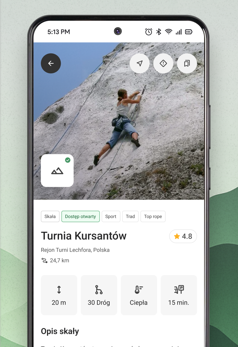 interfejs listy tras w aplikacji mobilnej z wyświetlonymi drogami i gradacjami trudności
