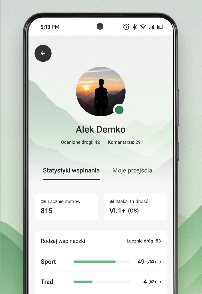 ekran profilu wspinacza ze statystykami, osiągnięciami i osobistym dziennikiem