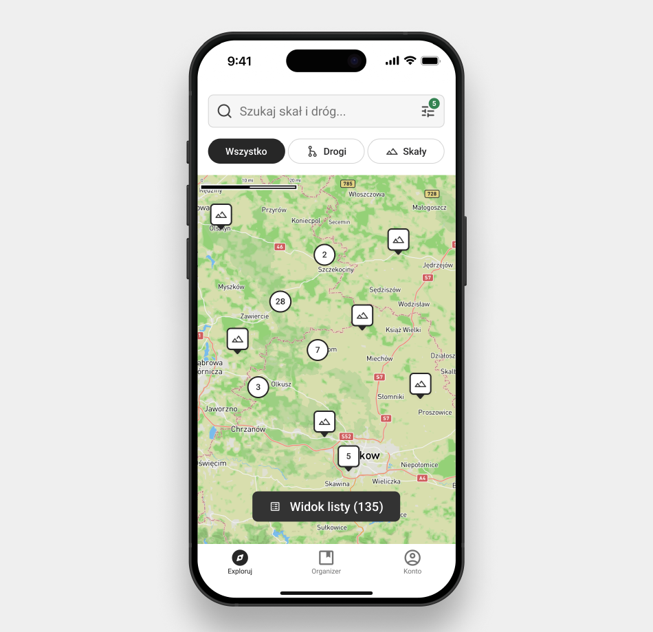 szczegółowe zrzuty ekranu aplikacji wspinaczkowej prezentujące interfejs mapy, bazę tras i profil wspinacza, nowoczesny interfejs mobilny