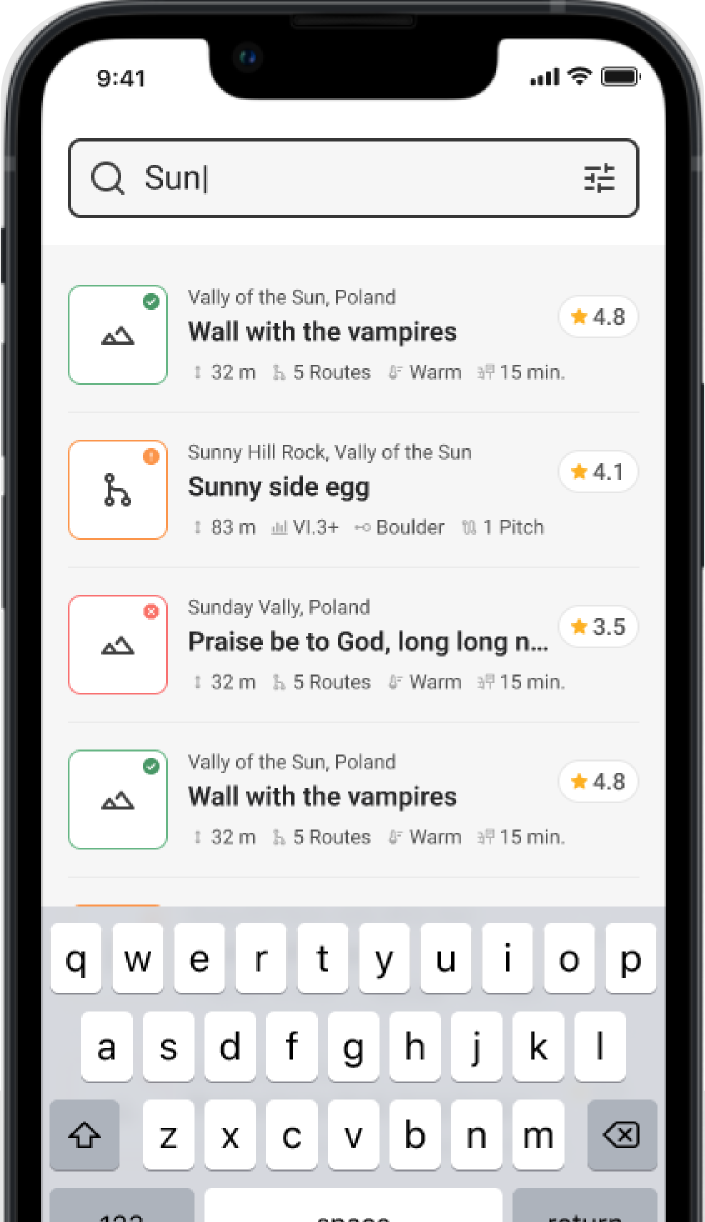 route list interface in mobile app with displayed routes and difficulty grades
