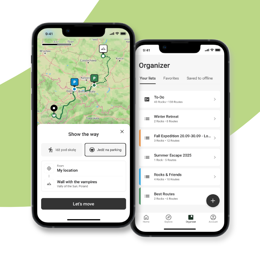 nowoczesny smartfon prezentujący interfejs aplikacji wspinaczkowej z mapą gór i szczegółami tras; czysty design