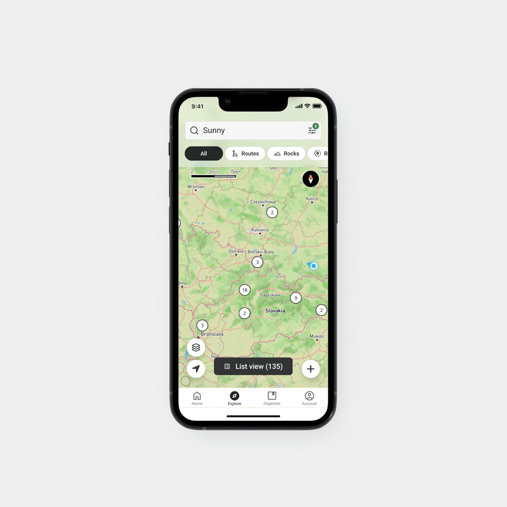detailed screenshots of climbing app presenting map interface, route database and climber profile, modern mobile interface